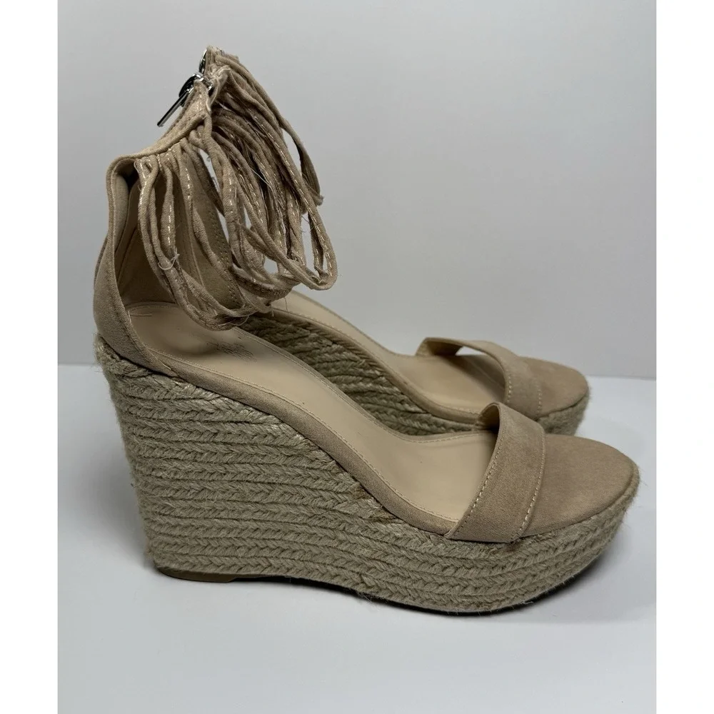 Beige Fringe Espadrille Wedge Sandals Zipper Ankle Strap Fabric Women Size 8